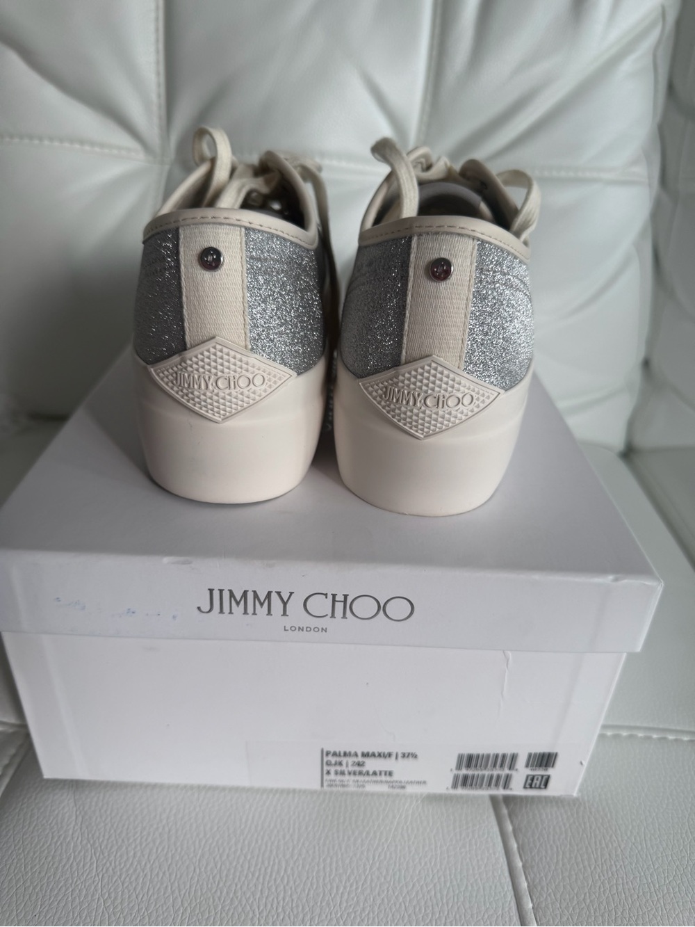 Jimmy Choo Silver Glitter Platform Sneakers with Cream Trim - Picture 2 of 7